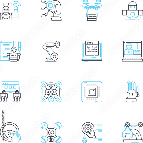 Digital Fabrication linear icons set. D printing, Laser cutting, CNC milling, Additive manufacturing, Rapid prototyping, Fused deposition modeling, Digital sculpting line vector and concept signs