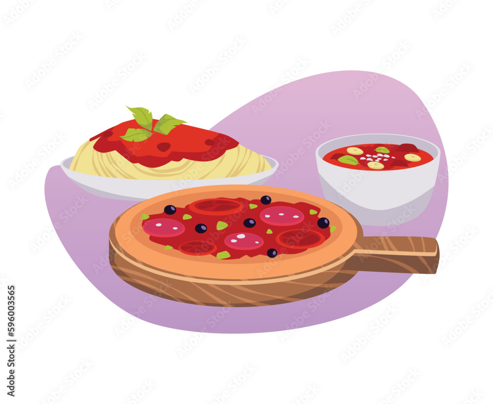 Pizza, pasta and minestrone Italian food flat style Pizza, pasta and minestrone Italian food flat style
