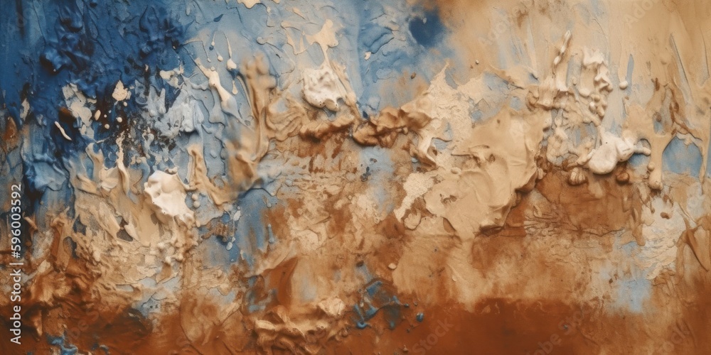 Toned painted old concrete wall with plaster. brown sepia and blue vintage texture background with space for design. Close up. Rough brush strokes. Grungy, grainy, uneven surface. Empty
