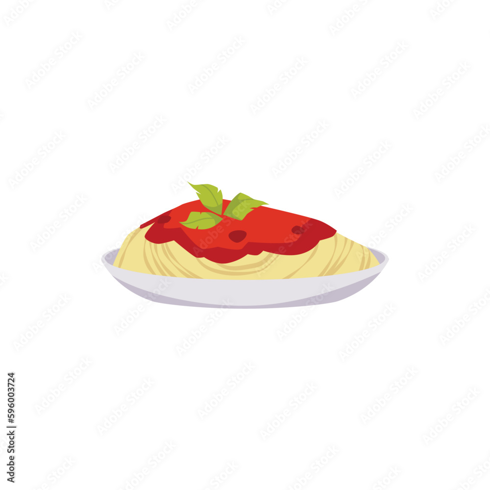 Spaghetti pasta with tomato soup and fresh basil leaves, flat vector illustration isolated on white background. Spaghetti pasta with tomato soup and fresh basil leaves, flat vector illustration isolated on white background.