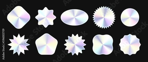 Holographic stickers set. Hologram labels collection. Shiny silver foil elements bundle for emblems, tags, labels, badges, templates, collages. Vector illustration pack