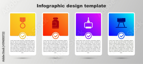 Set Medal, Sports nutrition, TPX loop training equipment and Pommel horse. Business infographic template. Vector