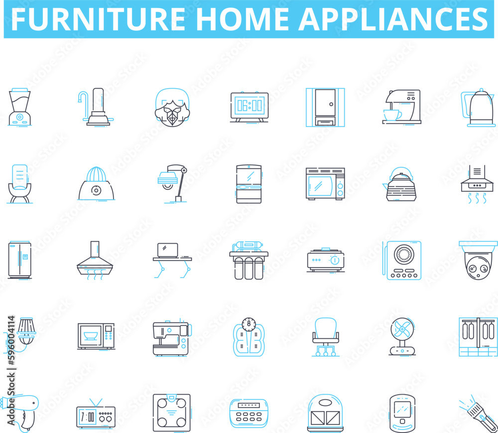 Furniture home appliances linear icons set. Sofa, Chair, Table, Bed, Dresser, Desk, Bookcase line vector and concept signs. Ottoman,Recliner,Mattress outline illustrations