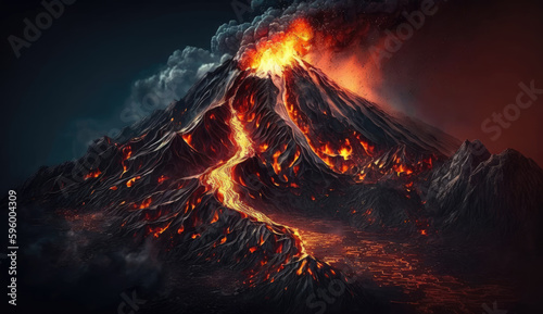 Aerial view of Volcano eruption with lava flowing on rock mountain background, magma appear on ground, disaster situation, lava spill from the crater with Generative Ai.