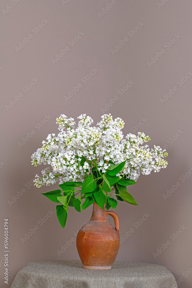 White lilacs in earthenware jug