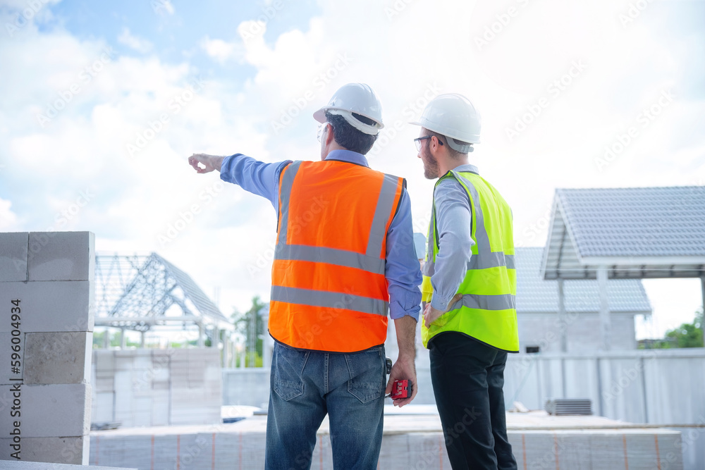 Engineer working with architect in house under construction. Engineer working with architect in house under construction.