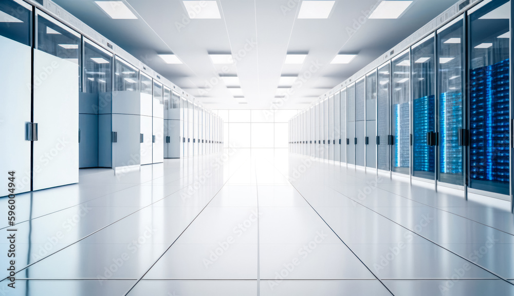 A sleek and minimalist data center, with pristine white walls, reflecting the LED lights from the server racks. Generated AI A sleek and minimalist data center, with pristine white walls, reflecting the LED lights from the server racks. Generated AI