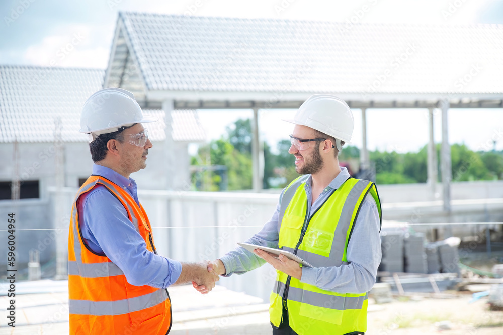 Foreman worker with touch pad discuss,Plan working construction site. Foreman worker with touch pad discuss,Plan working construction site.