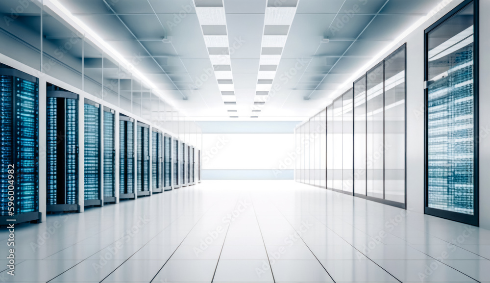 A sleek and minimalist data center, with pristine white walls, reflecting the LED lights from the server racks. Generated AI A sleek and minimalist data center, with pristine white walls, reflecting the LED lights from the server racks. Generated AI