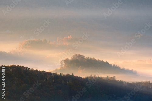 A beautiful photo of fog in a valley of the smoky mountains at sunrise. Small islands of trees stand out from the foggy fields