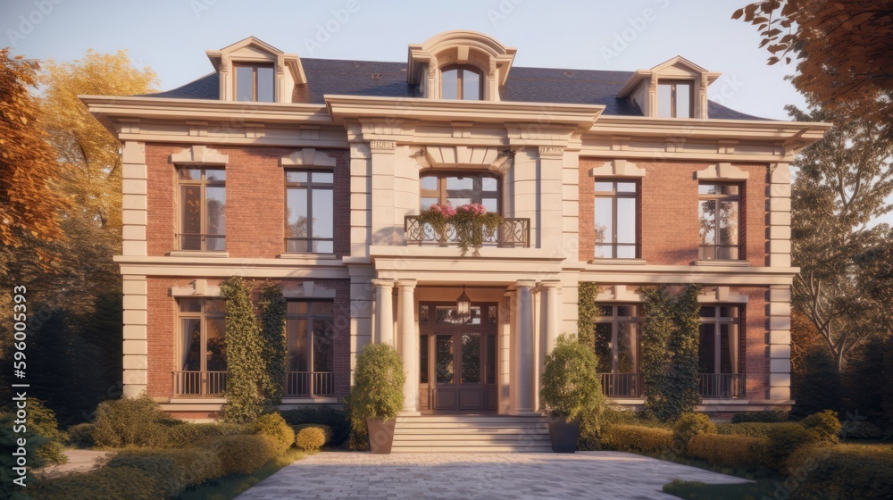 Georgian exterior house design in daytime golden hour generative ai