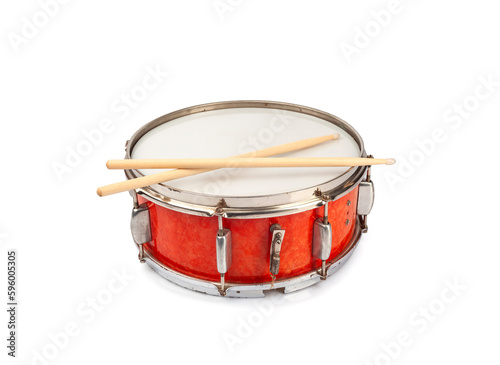 Canvas Print Old vintage drum. On a white background. Of red color.