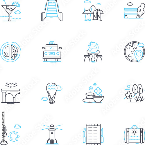 Peaceful entertainment linear icons set. Zen, Relaxation, Serenity, Harmony, Calmness, Mindfulness, Tranquility line vector and concept signs. Meditative,Stillness,Rejuvenation outline illustrations