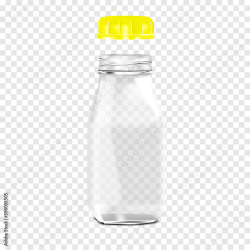 Open clear bottle with round screw cap on transparent background realistic mockup. Cylindrical empty container vector mock-up. Template for design