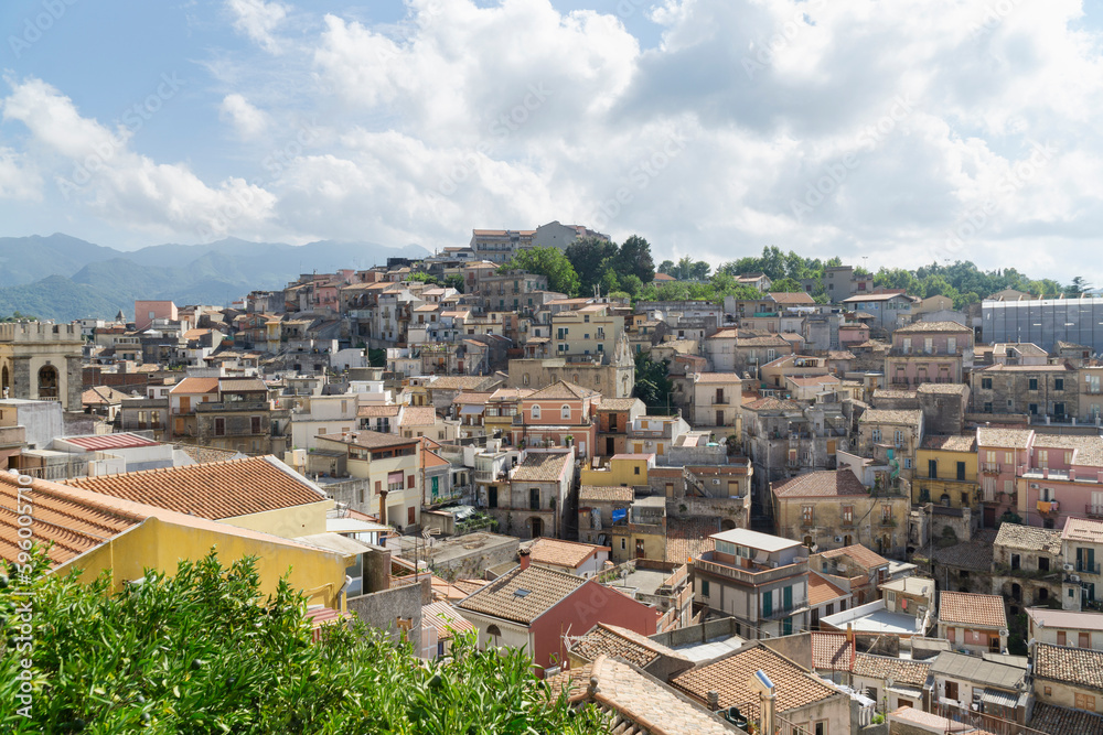 Sicilian milazzo city landscape with tipically houses in sunny day viewed from a balcony