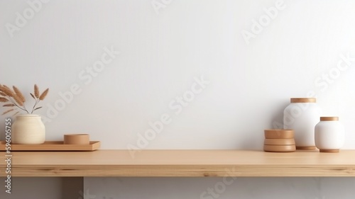 With a bright wood counter, a warm white wall, a vase plant, and a clock, this minimalist, cozy counter mockup design is perfect for branding or product presentation backgrounds. Generative AI