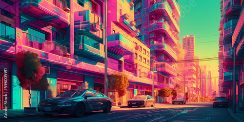 psychedelic synthwave city street wallpaper artwork  created with generative ai