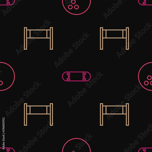 Set line Bowling ball, Volleyball net and Skateboard trick on seamless pattern. Vector