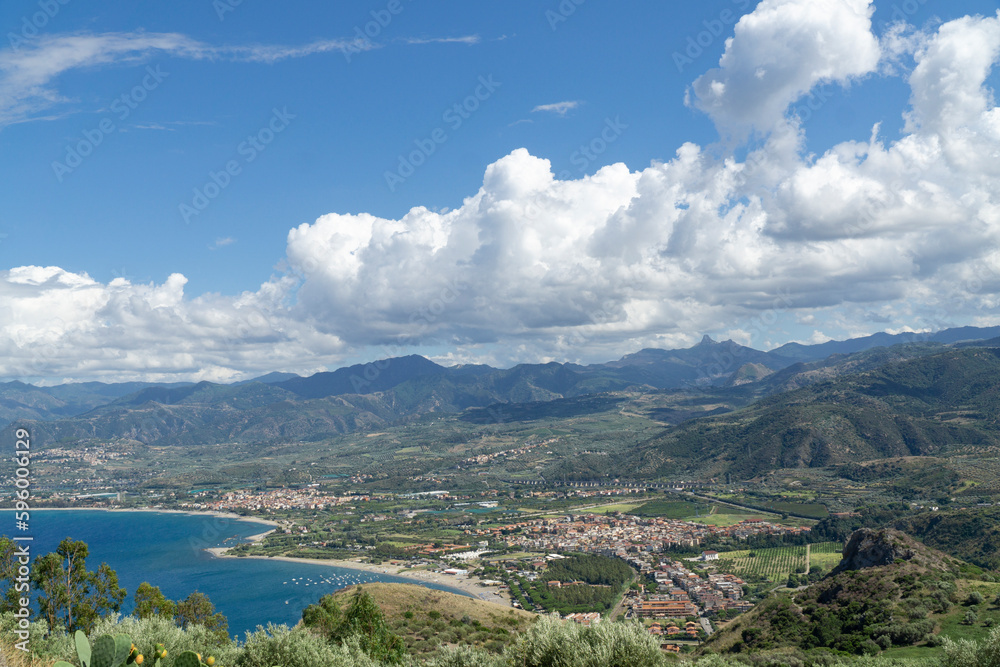 Beautiful sicily mountains and milazzo town landscape with mediterranean sea bay and blue sky 