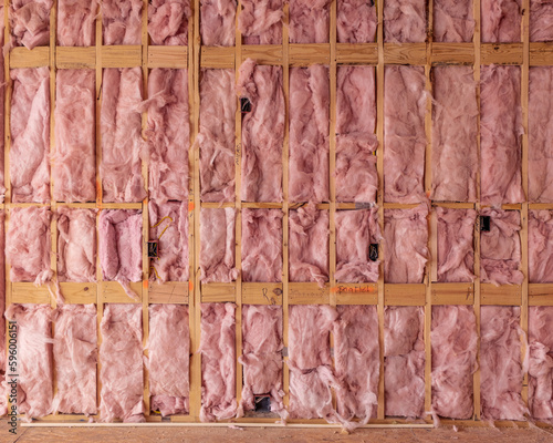 A wood framed wall with pink batt insulation installed along with a few rough-in boxes for electrical work photo