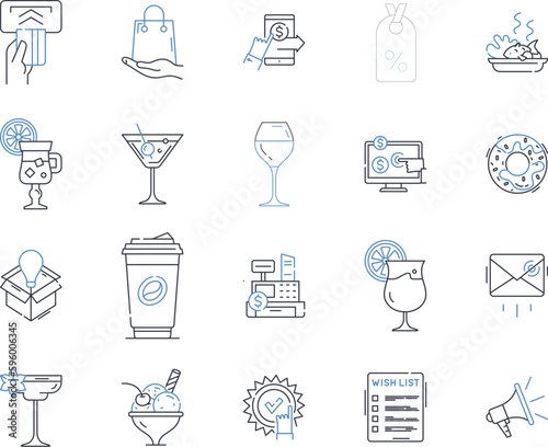 Convenience store line icons collection. Snacks, Beverages, Groceries, Cigarettes, Lottery, ATM, Magazine vector and linear illustration. Candy,Energy drinks,Gum outline signs set photo