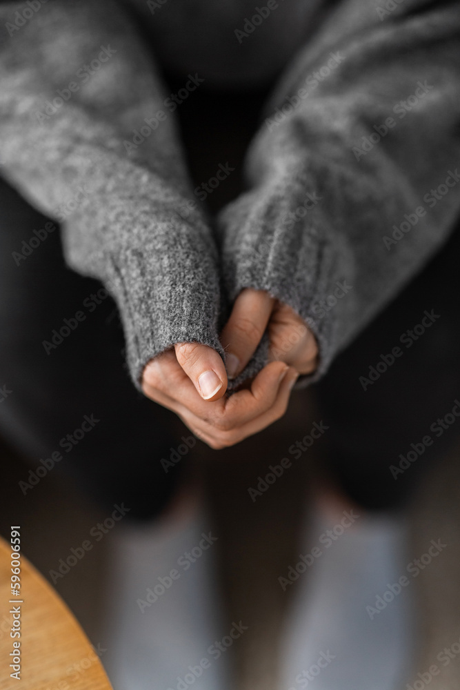 mental health, psychological problem and depression concept - close up of stressed woman hands