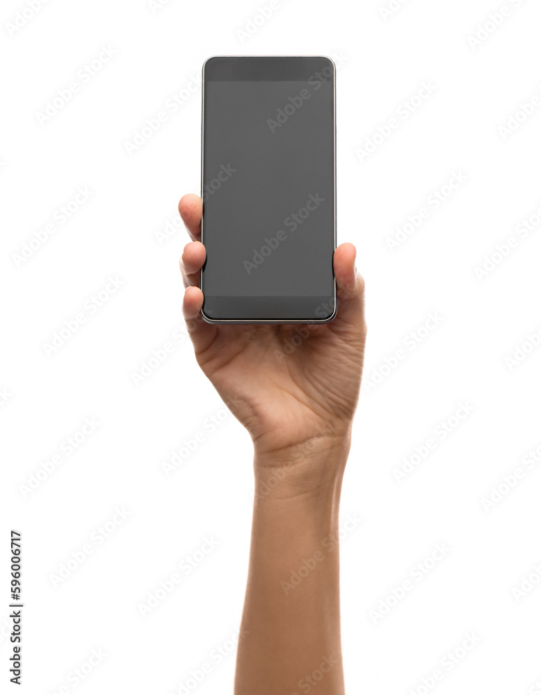 technology and people concept - close up of hand holding smartphone over white background technology and people concept - close up of hand holding smartphone over white background