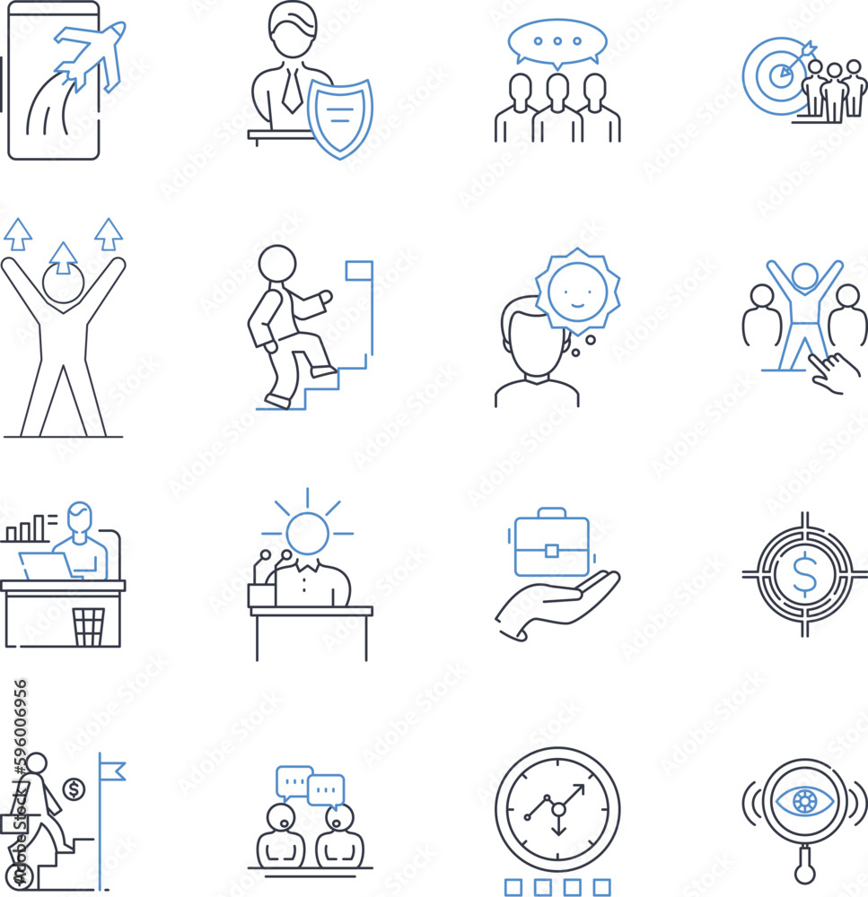 Management administration line icons collection. Leadership, Strategy, Delegation, Communication, Organization, Coordination, Time-management vector and linear illustration. Efficiency,Innovation