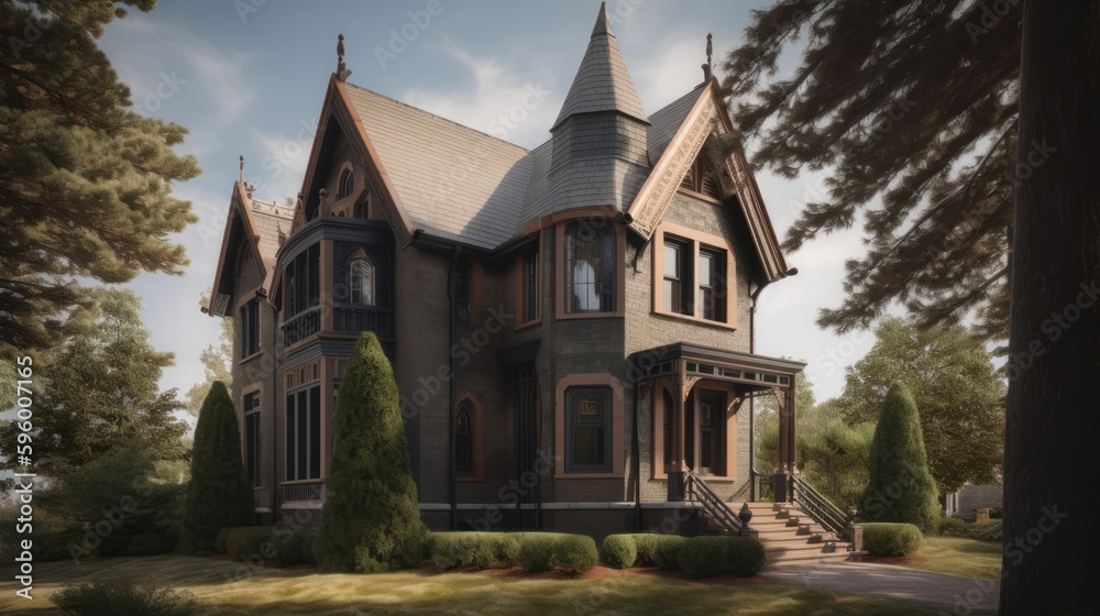 Gothic exterior house design in daytime golden hour generative ai