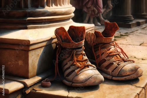 Ancient romans at the forum seling modern shoes, concept of Timeless tradition and modern commerce, created with Generative AI technology