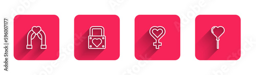 Set line Wedding arch, Lock and heart, Female gender symbol and Balloons form of with long shadow. Red square button. Vector