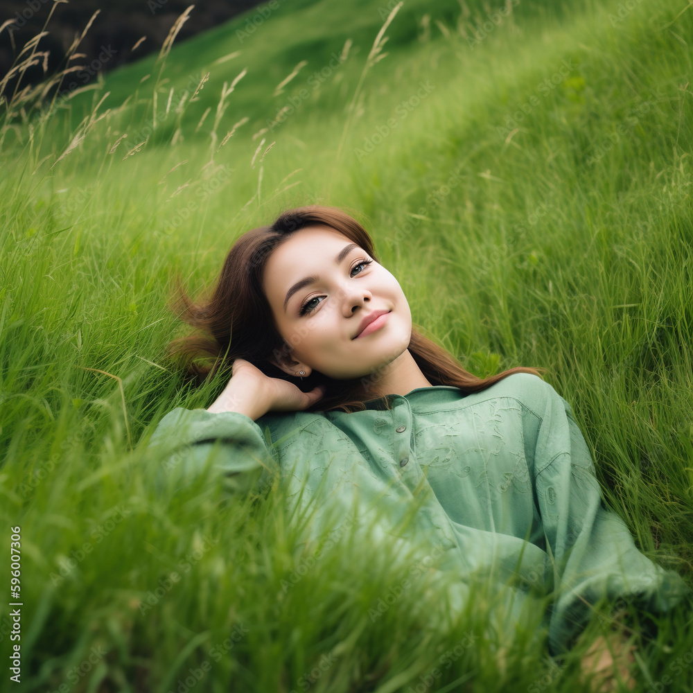 Young Woman Lying on the Spring or Summer Green Grass in a Beautiful Natural Field, Relaxing and Enjoying the Freedom and Beauty of Nature Outdoors Young Woman Lying on the Spring or Summer Green Grass in a Beautiful Natural Field, Relaxing and Enjoying the Freedom and Beauty of Nature Outdoors