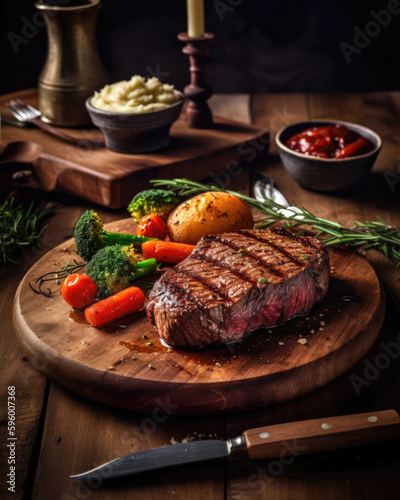 steak with potatoes and carrots on a wooden board, rustic style