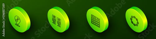 Set Isometric line Location musical note, Stereo speaker, Drum machine and Tambourine icon. Vector