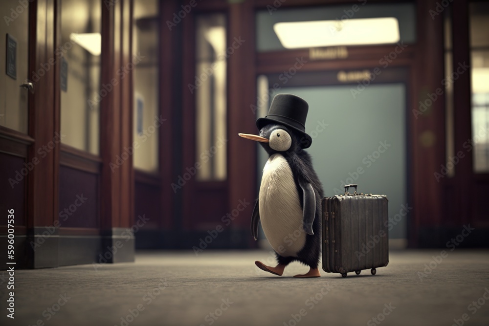 Penguin wearing a top hat and carrying a briefcase walking into an office building, concept of