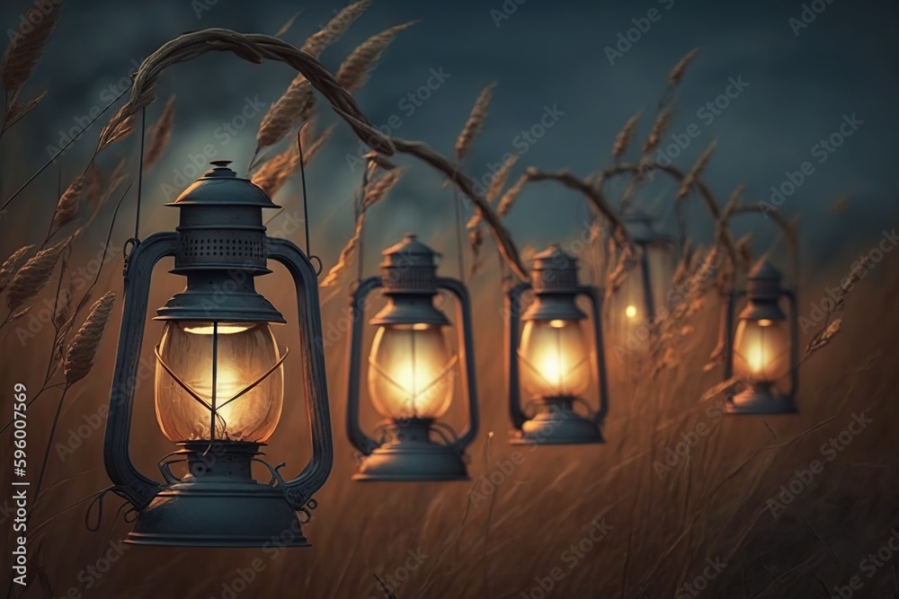 Row of old - fashioned lanterns hanging from a tree branch in a field of wheat, concept of Rustic charm and Agricultural landscape, created with Generative AI technology
