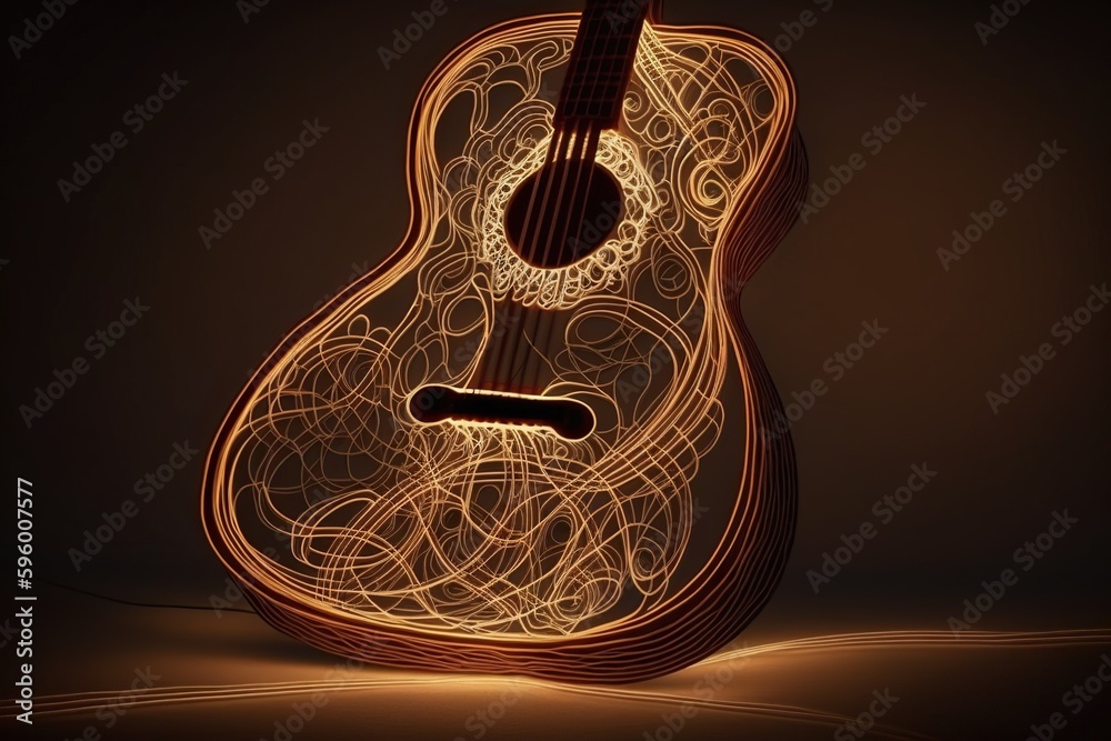Rubber band forming the shape of a guitar with strings made of light