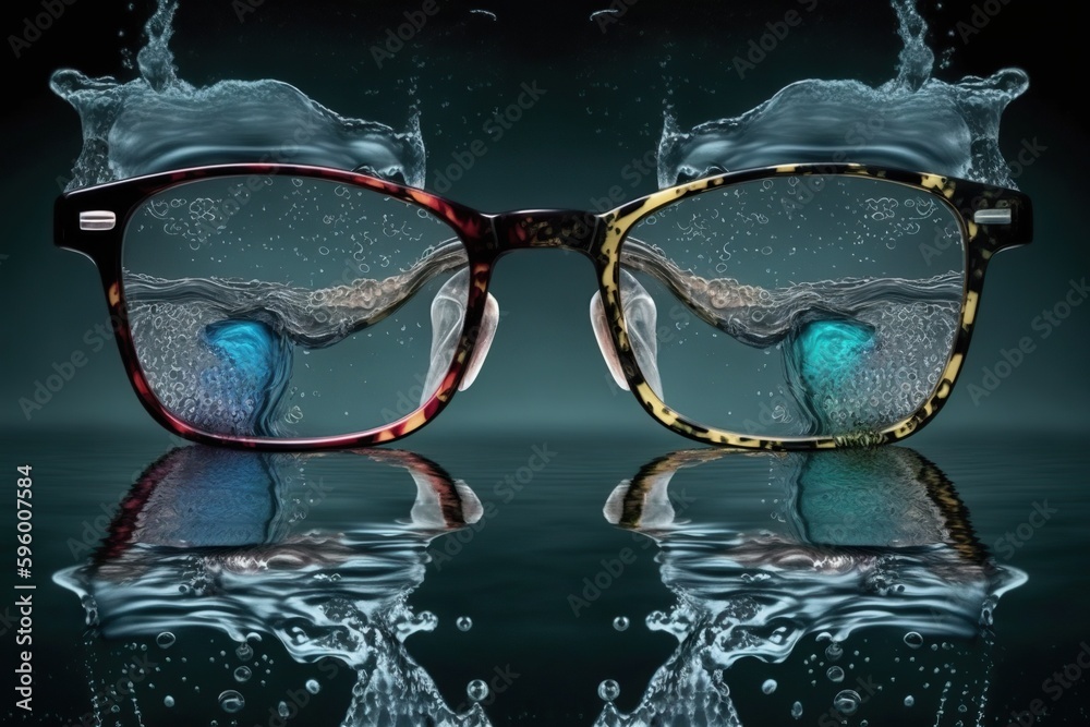 Pair of eyeglasses with lenses made of water creating a distortion
