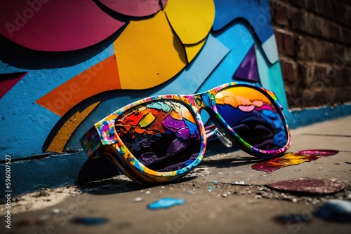 Pair of sunglasses lying on a colorful piece of street art, concept of Accessory and Urban Art, created with Generative AI technology