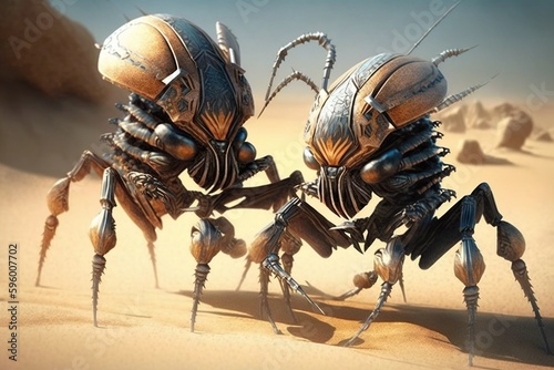 Spider warriors fighting ant warriors, concept of Arthropod battle and Insect warfare, created with Generative AI technology