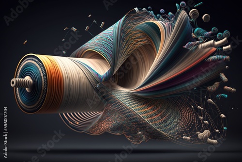 Spool of thread unraveling itself with threads forming intricate patterns in mid - air, concept of Kinetic art and Textile art, created with Generative AI technology