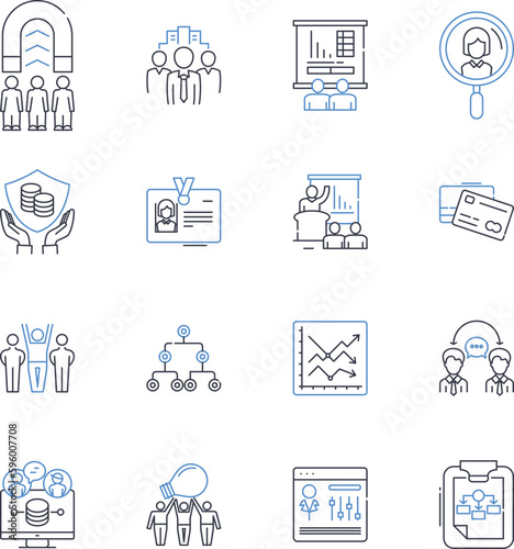 Coaching session line icons collection. Empowerment, Feedback, Guidance, Accountability, Discovery, Strengths, Progress vector and linear illustration. Encouragement,Perspective,Clarity outline signs