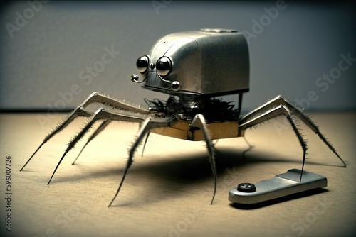 Stapler with legs walking across a desktop like a mechanical spider, concept of Mechanical movement and office supplies, created with Generative AI technology