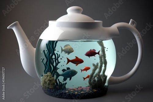 Teapot with a built - in aquarium filled with swimming fish, concept of Functional Art and Glass Art, created with Generative AI technology