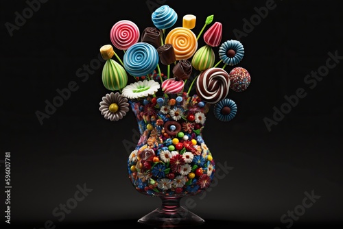 Vase with a flower arrangement made entirely out of candy, concept of Sugar art and Edible arrangement, created with Generative AI technology