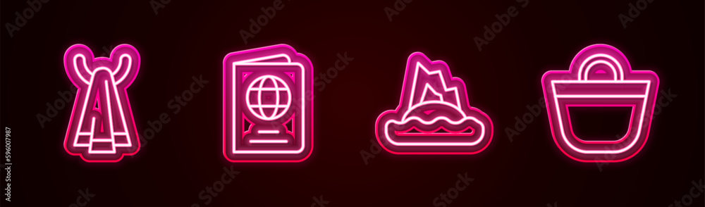 Set line Towel on a hanger, Passport, Tropical island in ocean and Beach bag. Glowing neon icon. Vector Set line Towel on a hanger, Passport, Tropical island in ocean and Beach bag. Glowing neon icon. Vector