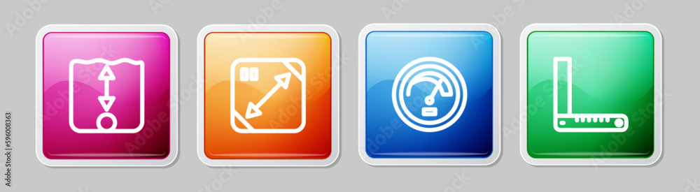 Set line Depth measurement, Diagonal measuring, Speedometer and Corner ruler. Colorful square button. Vector Set line Depth measurement, Diagonal measuring, Speedometer and Corner ruler. Colorful square button. Vector