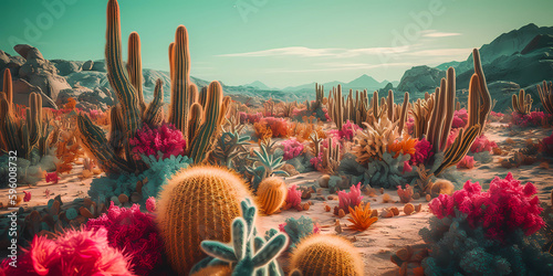 psychedelic and surreal scenery with cactus in the desert, created with generative ai photo