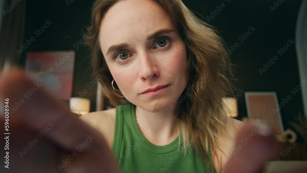 Pov serious woman scrolling invisible display. Girl hands swiping screen content