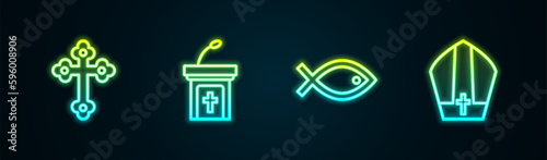 Set line Christian cross, Church sermon tribune, fish symbol and Pope hat. Glowing neon icon. Vector